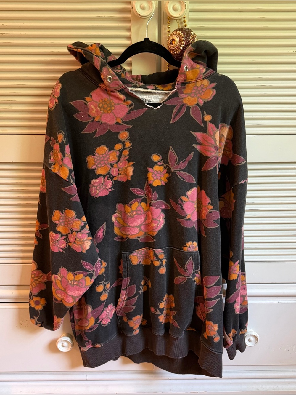 Natural Life Oversized Floral Hoodie- Pink/Orange on Black with Gold Outlines